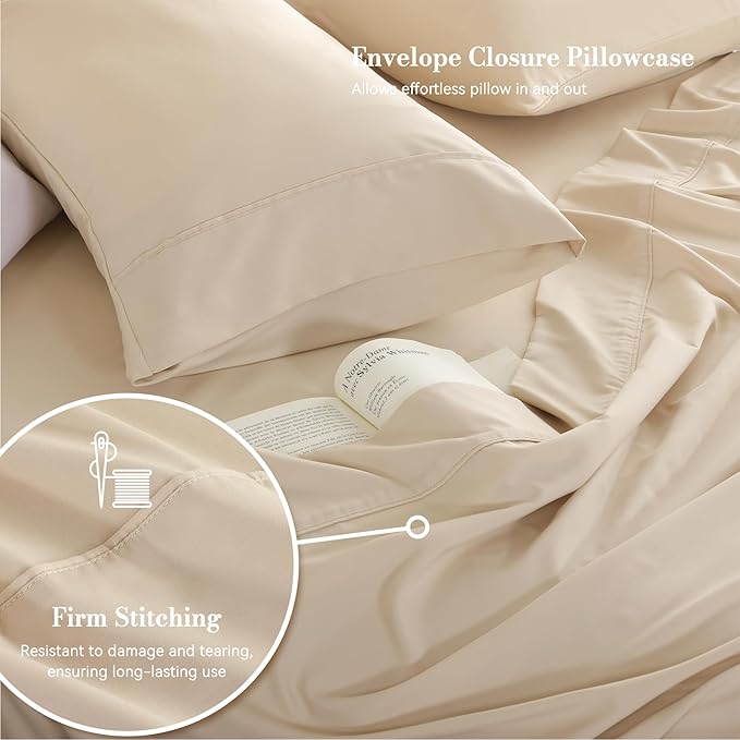 Queen Sheet Set 4 Pieces, Wrinkle Free, Oeko-Tex Certified Bedsheets，Cream - Image 4