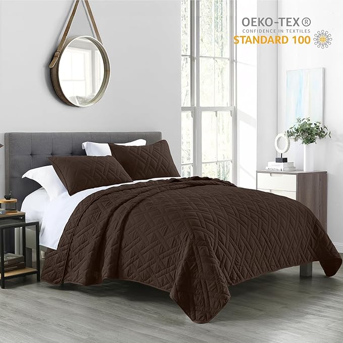 HORIMOTE HOME Quilt Set King Size Chocolate, Classic Geometric Diamond Stitched - Image 2