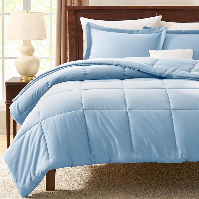 CozyLux Oversized Queen Comforter Set, 3 Pieces Baby Blue 98x98 Box Stitched - Image 7