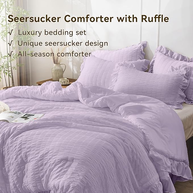 JOLLYVOGUE Lavender Queen Comforter Set, 3 Pieces Seersucker Comforters Queen - Image 4