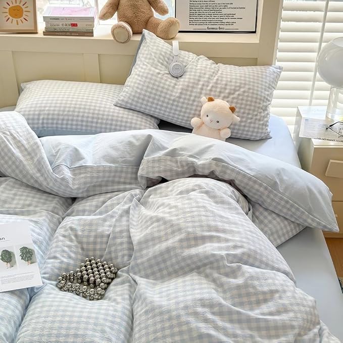 Nayoroom Blue Gingham Duvet Cover Queen Size Reversible Plaid Checkered Duvet by Nayoroom