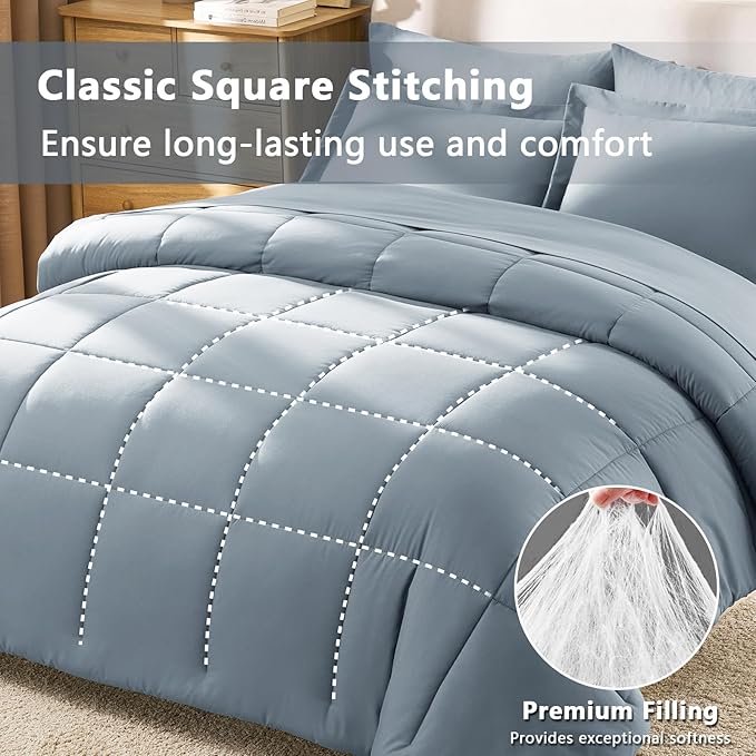 CozyLux Oversized Queen Comforter Sets Grayish Blue, 7 Pieces Bed in a Bag - Image 4