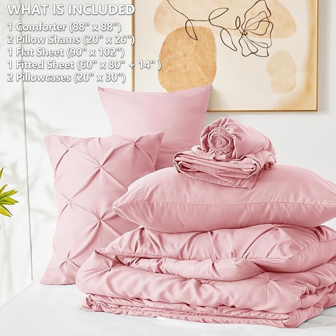 HIMEET Pintuck Bed in a Bag, 7 Pieces Queen Size Comforter Set Pink, Luxury - Image 7