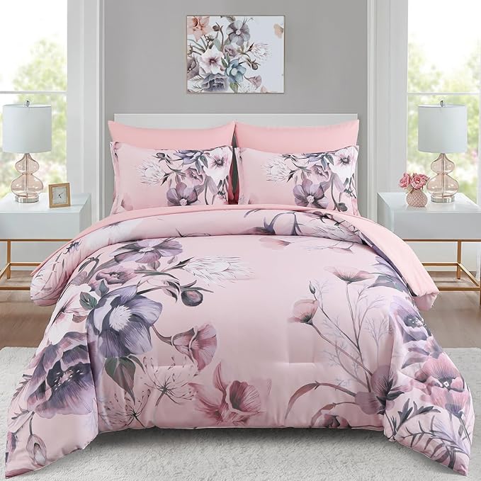 Luxudecor Floral Comforter Set Queen Size 7 Piece, Blush Pink Flower Bed in a by Luxudecor