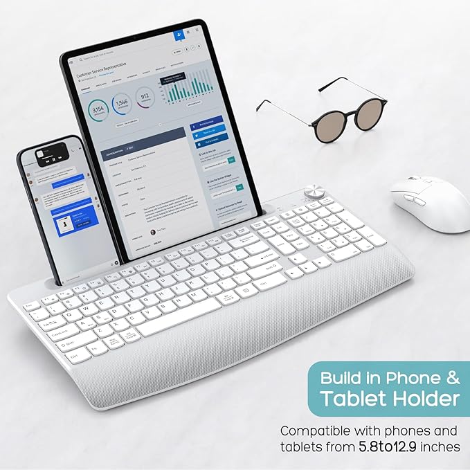 Wireless Keyboard and Mouse - Full-Sized Ergonomic Keyboard with Wrist Rest, Phone Holder, Volume Knob,2.4GHz Silent Cordless Keyboard Mouse Combo for Computer, Laptop, PC, Mac, Windows -White-DeskoryOffice