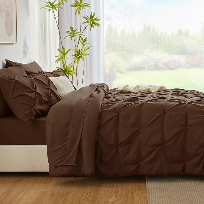 CozyLux Full Size Comforter Sets Brown, 7 Pieces Pintuck Bed in A Bag Brown - Image 9