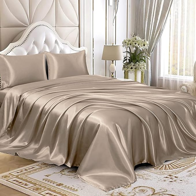Homiest Taupe Satin Flat Sheet King Size Only, King Top Sheet Silky Bedding - Image 4