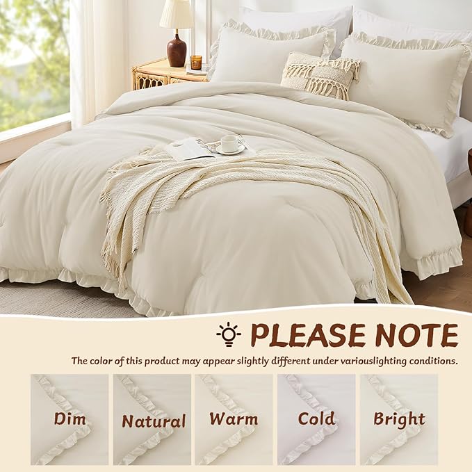FUANNA Queen Comforter Set Cream White, 3 Pieces Ruffle Queen Bed Set, Fluffy - Image 7