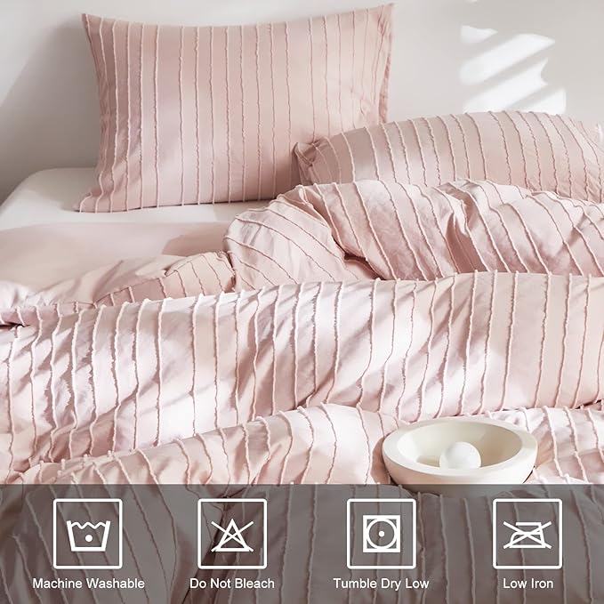 WARMDERN Pink Striped Duvet Cover Set, Boho Textured Tufted Bedding, 2 Piece - Image 4