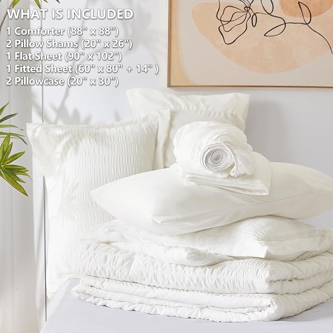 CozyLux Queen Comforter Set Ivory Seersucker 7 Pieces Bed in a Bag Queen - Image 6