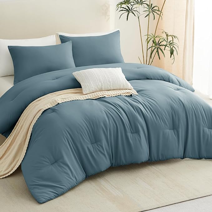 CozyLux King Size Comforter Set Mineral Blue, 3 Pieces Solid Comforters King - Image 8