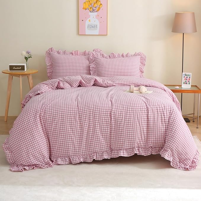 Silnuo Vintage Pink/White Plaid Ruffle 3-Piece Duvet Cover Set Twin Size by Silnuo