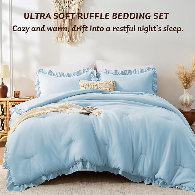 FUANNA Queen Comforter Set Light Blue, 3 Pieces Ruffle Queen Bed Set, Fluffy - Image 4