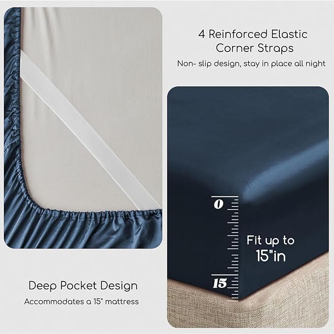 MR&HM Satin Bed Sheets with Elastic Corner Straps, Queen Size Sheets Set - Image 4
