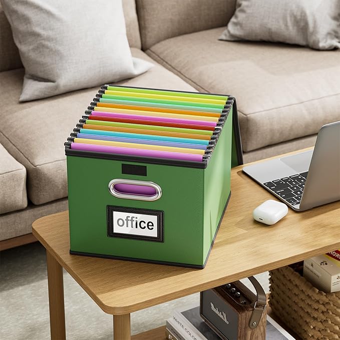 Huolewa Portable Leather File Organizer Storage Boxes, Collapsible File Folder Organizer Boxes with Lids, Document Organizer, Decorative Filing Box Cabinet for Letter/Legal File Folder Storage-DeskoryOffice