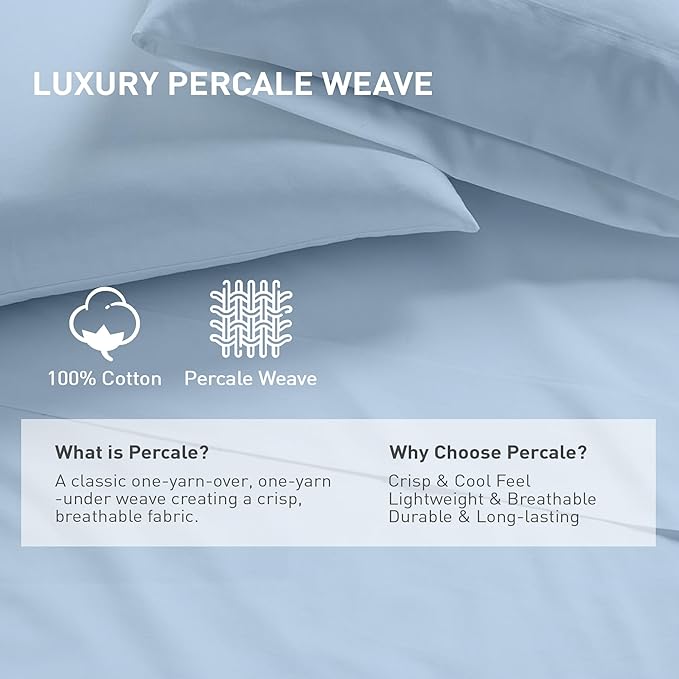 Queen Size Flat Sheet 2 Pack, 100% Cotton Percale Flat Bed Sheet, Breathable - Image 2