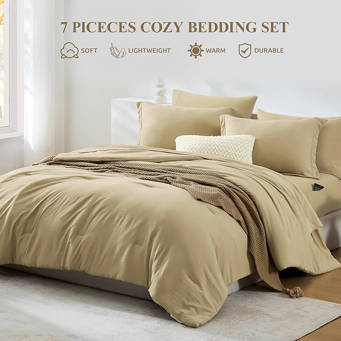 WRENSONGE Queen Comforter Set- 7 Pieces Soft Taupe Bed in a Bag Queen Size - Image 3