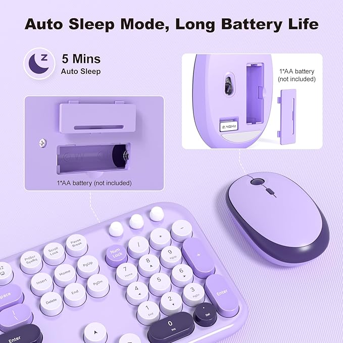 MOFII Wireless Keyboard and Mouse, Retro Typewriter Keyboard and Silent Mouse, 2.4GHz Full Size Keyboard and Mouse Wireless Combo for Laptop, PC, Desktop, Windows (Violet)-DeskoryOffice