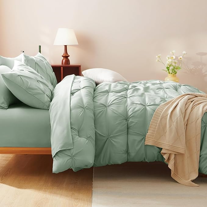 CozyLux Queen Comforter Set Sage Green, 7 Pieces Pintuck Bed in A Bag, Premium - Image 9