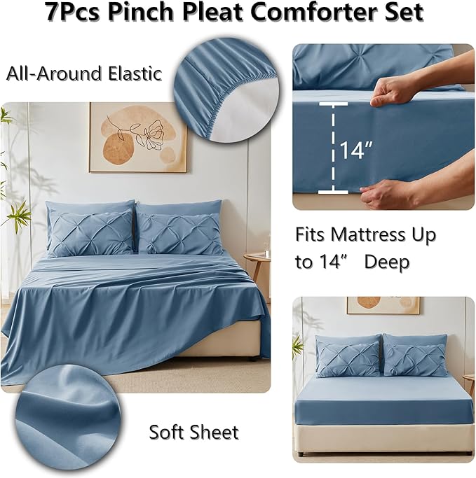 CozyLux King Size Comforter Set Grayish Blue, 7 Pieces Pintuck Bed in A Bag - Image 5