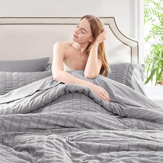 CozyLux Queen Comforter Set Grey Seersucker 7 Pieces Bed in a Bag Queen - Image 5