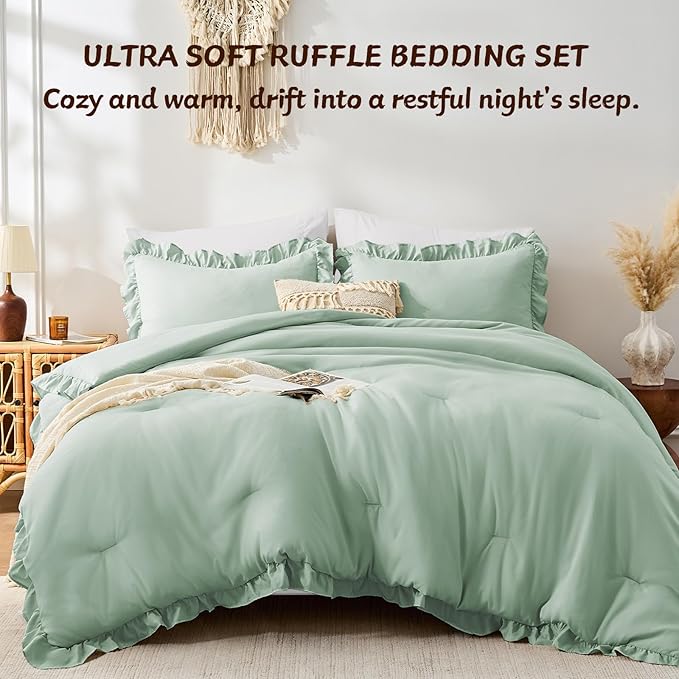 FUANNA King Size Comforter Set Sage Green, 3 Pieces Ruffle King Bedding Set - Image 4