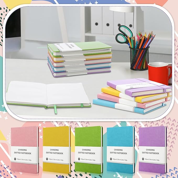 10 Pack Bullet Dotted Journal Notebook Bulk, A5 Dot Grid Notebook with 100 GSM Paper, Leather Hardcover Dotted Journal with 160 Pages for Women Men Writing Journaling Planning, 5.7 x 8.3 Inch-DeskoryOffice