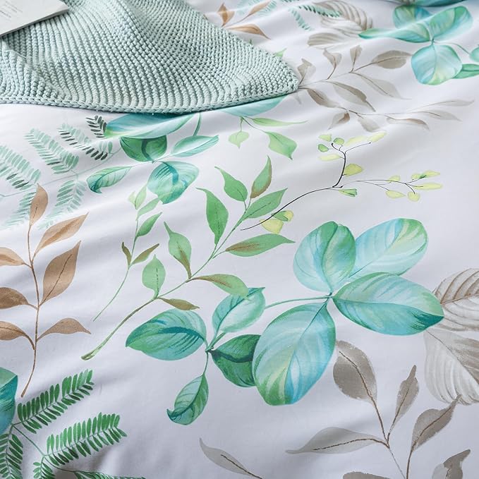 FADFAY Botanical Duvet Cover Sets Queen Size 100% Cotton Teal Green Leaves - Image 8