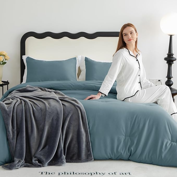 CozyLux King Size Comforter Set Mineral Blue, 3 Pieces Solid Comforters King - Image 9