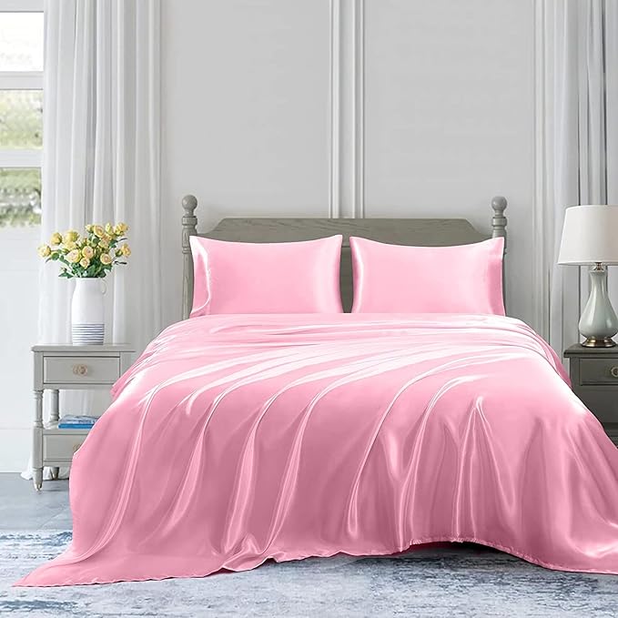Homiest Pink Satin Queen Size Luxury Flat Sheet, Ultra Soft Silky Bedding - Image 5