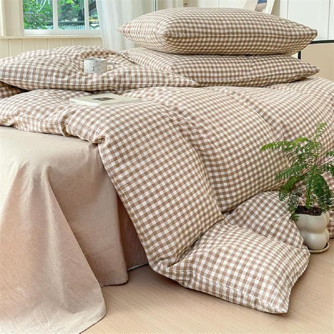 Nayoroom Brown Gingham Duvet Cover Twin Size Tan White Plaid Checkered Duvet - Image 5