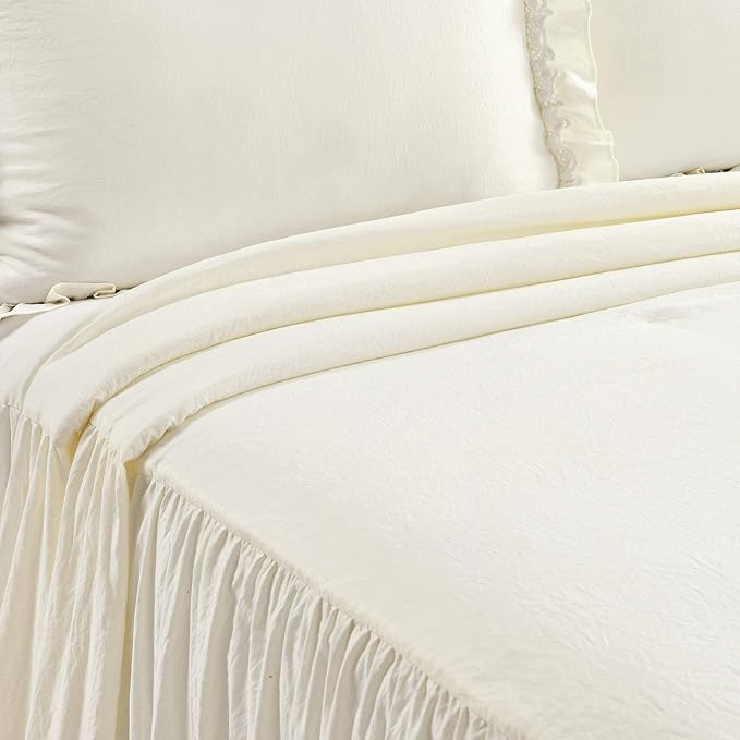 Lush Decor Ella Ruffle Lace Bedspread, 3 Piece Set, King, Ivory - Cute Bed Set - King Bedding - White Bedding - Coquette Decor - Neutral Ruffle Trim - White Lace Trim