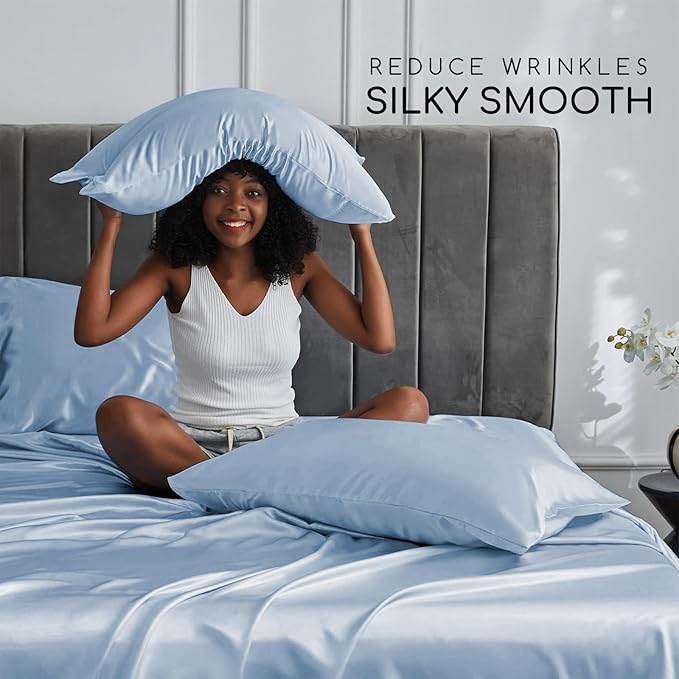 MR&HM Satin Bed Sheets with Elastic Corner Straps, Queen Size Sheets Set - Image 3