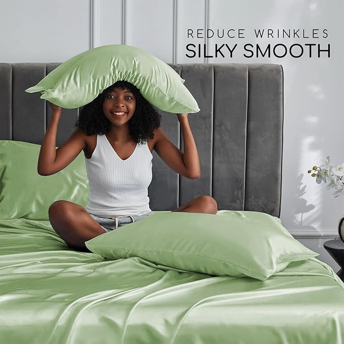 MR&HM Satin Bed Sheets with Elastic Corner Straps, Queen Size Sheets Set - Image 3