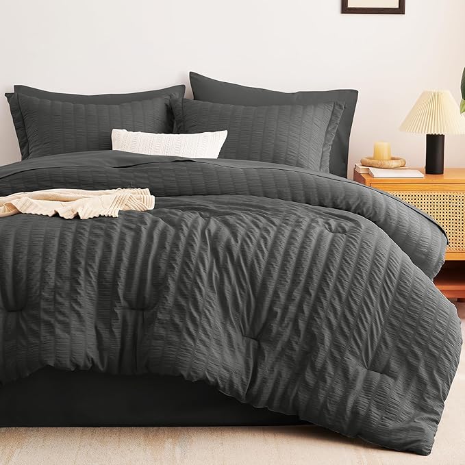 CozyLux King Size Comforter Set Dark Grey Seersucker 7 Pieces Bed in a Bag King - Image 9