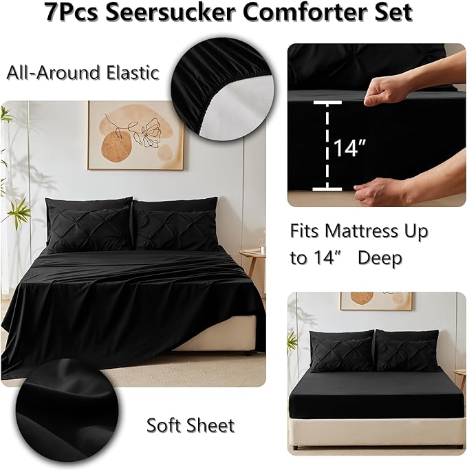 CozyLux King Size Comforter Set Black, 7 Pieces Pintuck Bed in A Bag Black - Image 6