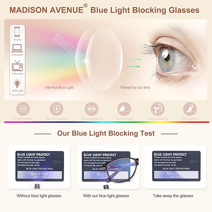 Madison Avenue Blue Light Blocking Glasses Anti Eyestrain UV Glare Blue Light - Image 4