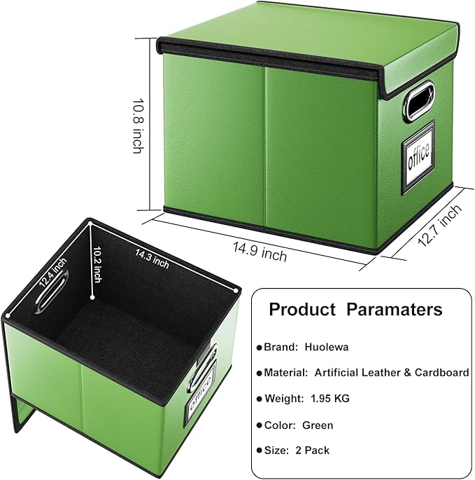 Huolewa Portable Leather File Organizer Storage Boxes, Collapsible File Folder Organizer Boxes with Lids, Document Organizer, Decorative Filing Box Cabinet for Letter/Legal File Folder Storage-DeskoryOffice