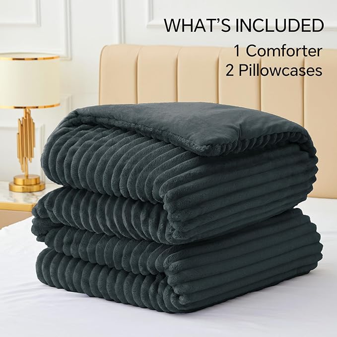 BEDELITE Fleece King Comforter Set -Super Soft & Warm Fluffy Dark Grey Bedding - Image 6