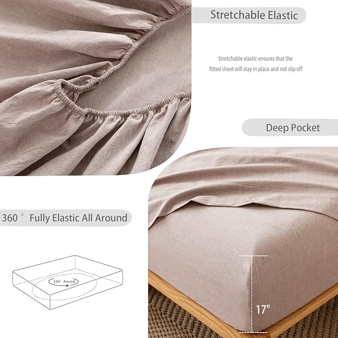 MooMee Fitted Bottom Sheet Only 100% Washed Cotton Linen Like Textured - Image 5