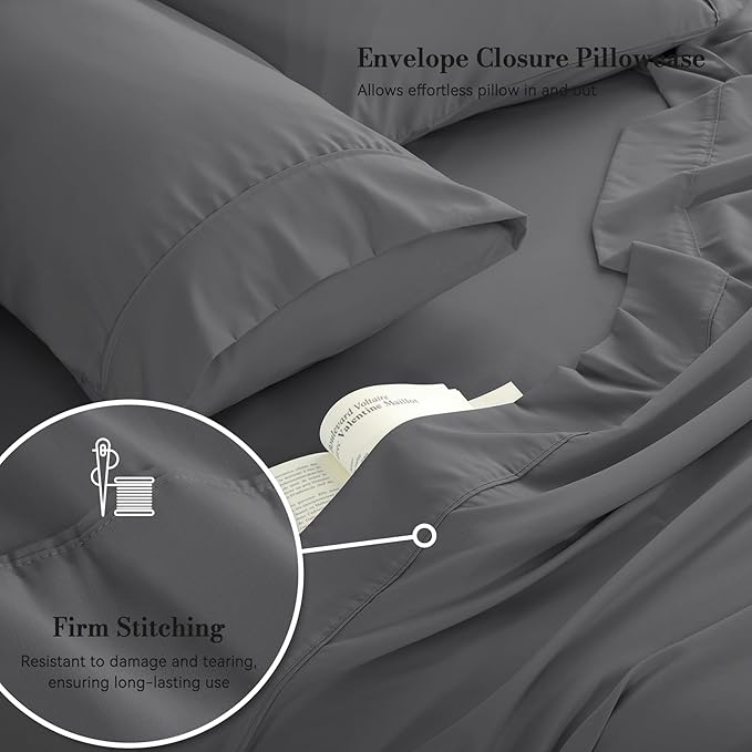 King Sheet Set 4 Piece, Wrinkle Free, Oeko-Tex Certified Bedsheets，Dark Grey - Image 4