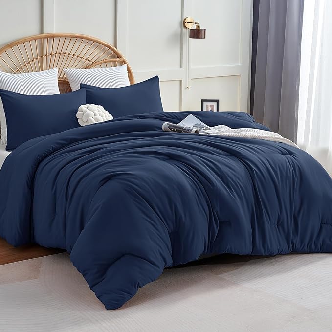 CozyLux Navy Blue King Size Comforter Set, 3 Pieces Solid Breathable Quilted by CozyLux