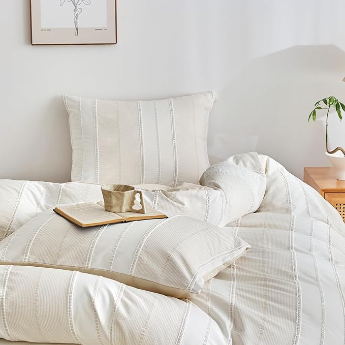 WARMDERN Khaki Striped Weave Duvet Cover Queen Size, Microfiber Textured - Image 4