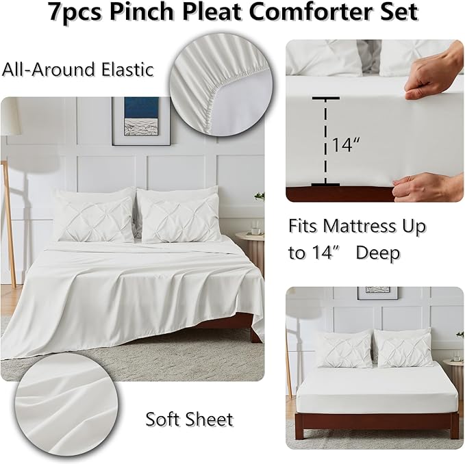 CozyLux Full Size Comforter Sets Ivory, 7 Pieces Pintuck Bed in A Bag Ivory - Image 5