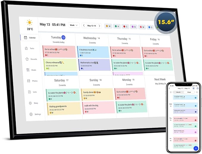 Calendar Digital 15.6 Inch Electronic Calendar&Chore Chart, 1920 * 1080P IPS Touchscreen Wall Smart Weekly and Monthly Planner for Family Black Gift for Mother mom Women-DeskoryOffice
