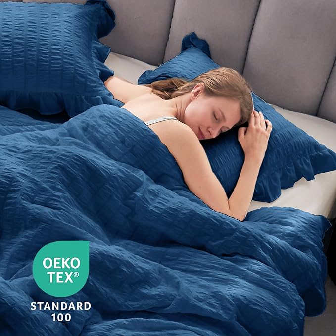 JOLLYVOGUE Teal King Comforter Set, 3 Pieces Seersucker Comforters King Size - Image 6