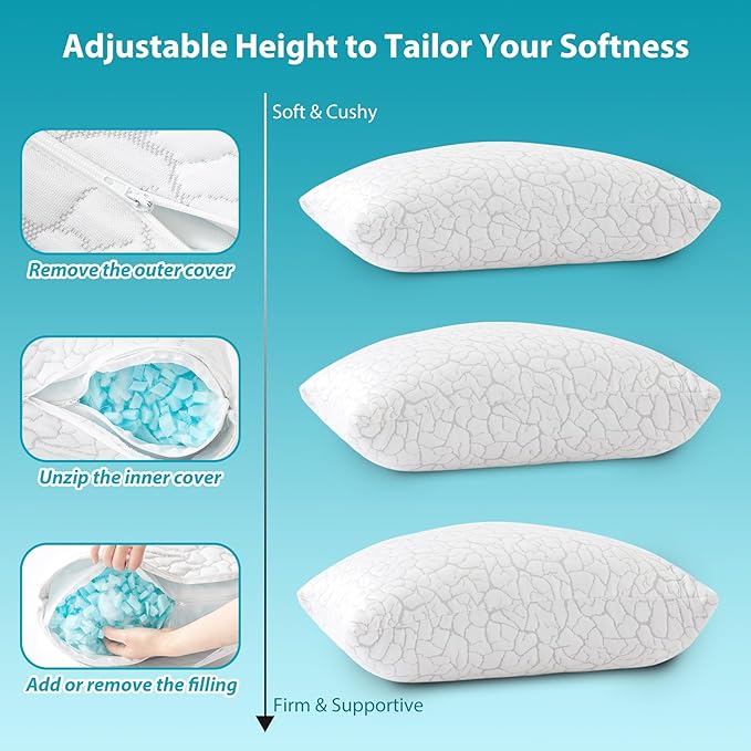 Cooling Pillows for Sleeping 2 Pack, King Size Adjustable Shredded Memory Foam - Image 5
