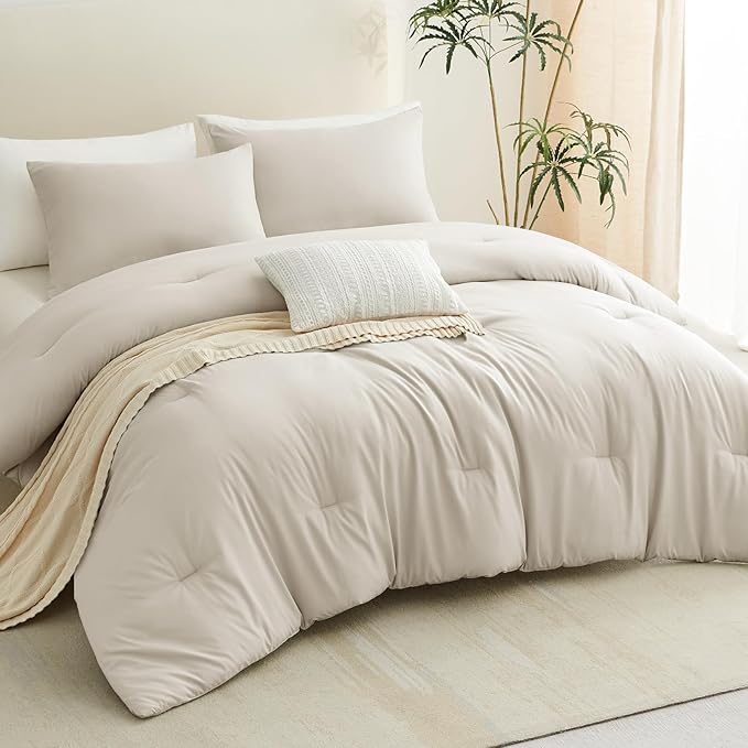 CozyLux Oversized Queen Comforter Set Beige, 3 Pieces 98x98 Solid Breathable - Image 5