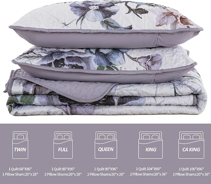 Drucon Purple Floral Quilt Set King Size 3 Pieces Purple Botanical Flower Quilt - Image 7