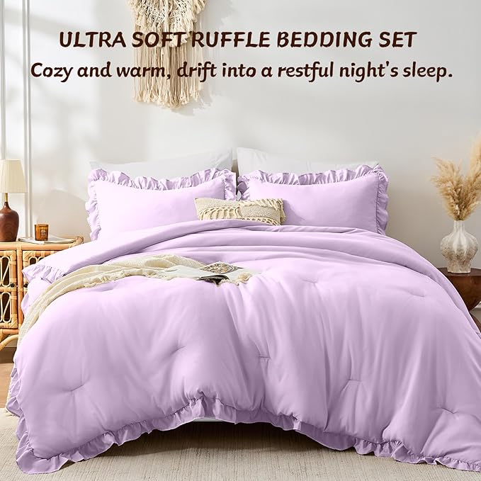FUANNA Full Size Comforter Sets Lavender, 3 Pieces Ruffle Full Size Bedding Sets - Image 4